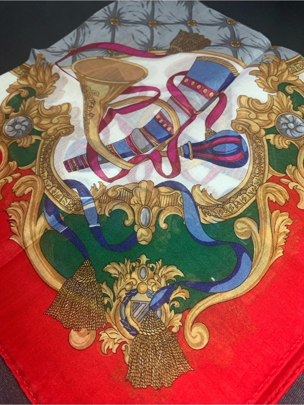 Celine Red Mini Scarf with Gold & Green Baroque Motif